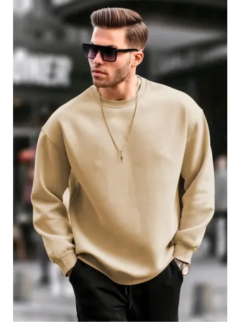 Erkek Düz Bisiklet Yaka Sweat - Bej