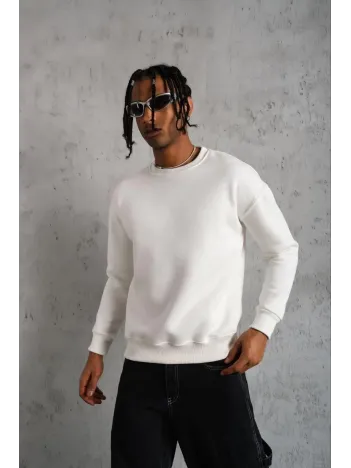 Erkek Düz Bisiklet Yaka Sweat - Beyaz
