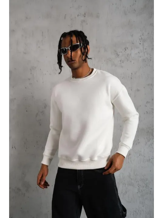 Erkek Düz Bisiklet Yaka Sweat - Beyaz