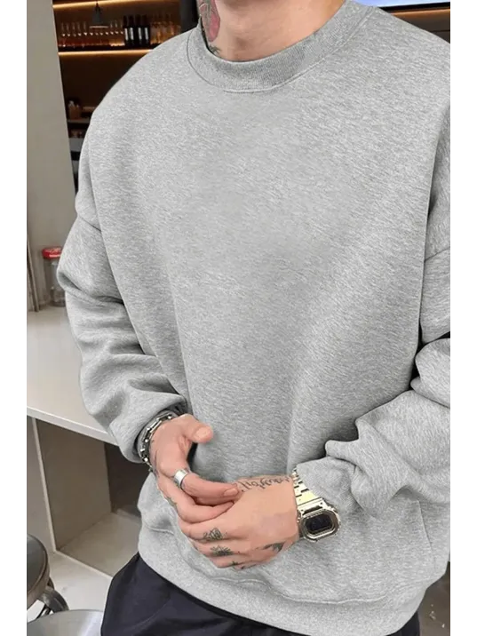 Erkek Düz Bisiklet Yaka Sweat - Gri Erkek Düz Bisiklet Yaka Sweat - Gri