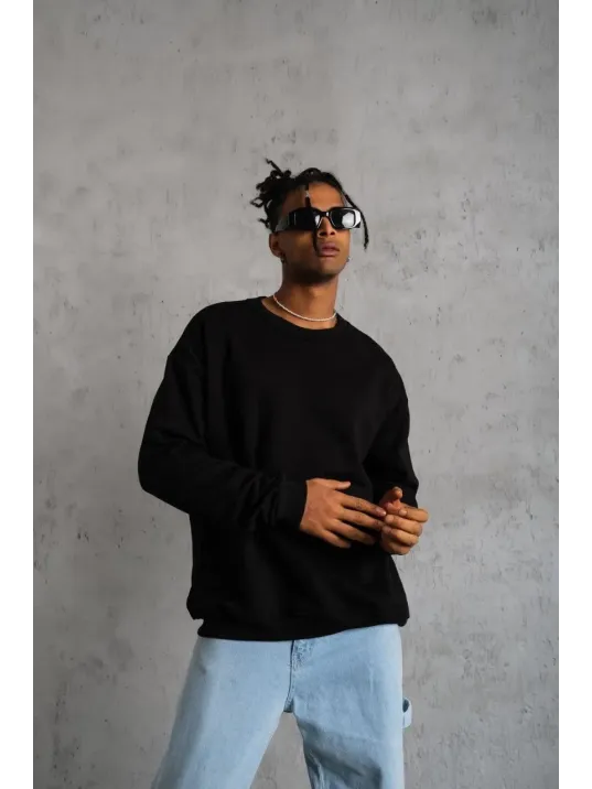 Erkek Düz Bisiklet Yaka Sweat - Siyah Erkek Düz Bisiklet Yaka Sweat - Siyah