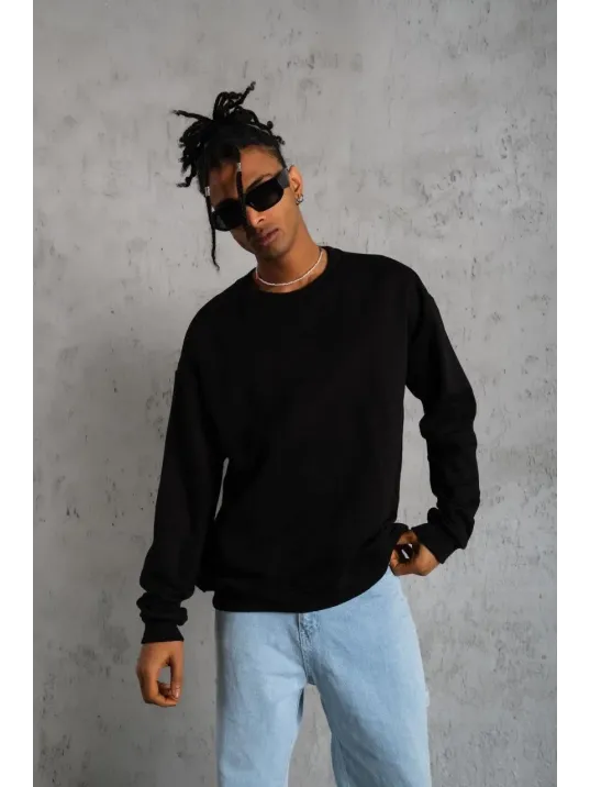 Erkek Düz Bisiklet Yaka Sweat - Siyah Erkek Düz Bisiklet Yaka Sweat - Siyah