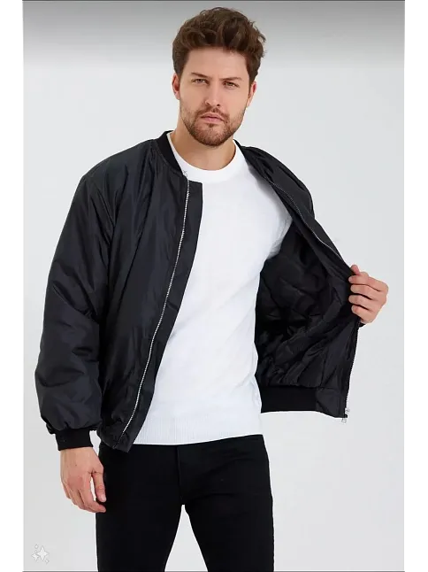 Unisex Siyah Bomber Mont – Su İtici Kumaş, Kapitone Astarlı, Fermuarlı Ve Günlük Kullanıma Uygun Ceket- Siyah