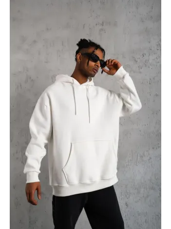 Erkek Düz Kapüşonlu Sweat - Beyaz