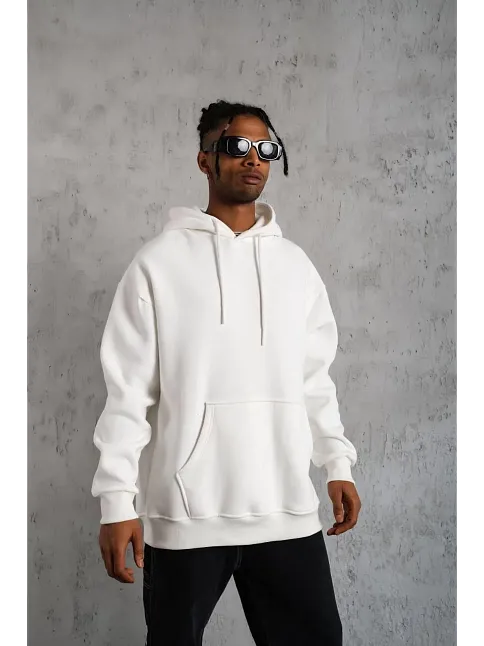 Erkek Düz Kapüşonlu Sweat - Beyaz