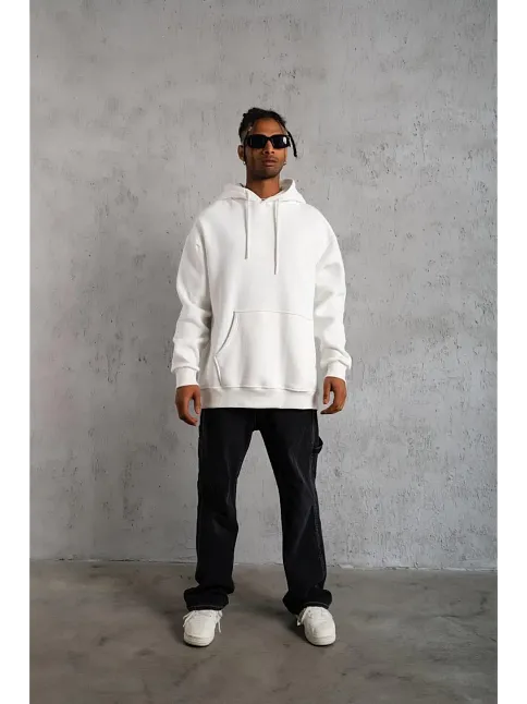 Erkek Düz Kapüşonlu Sweat - Beyaz