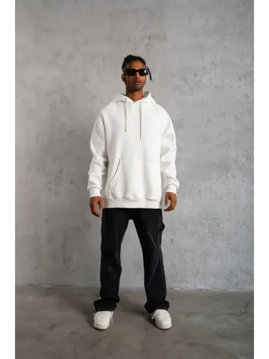 Erkek Düz Kapüşonlu Sweat - Beyaz Erkek Düz Kapüşonlu Sweat - Beyaz