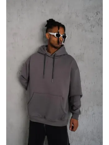 Erkek Düz Kapüşonlu Sweat - Gri