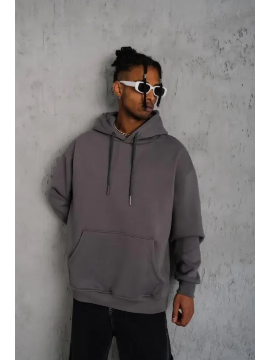 Erkek Düz Kapüşonlu Sweat - Gri Erkek Düz Kapüşonlu Sweat - Gri