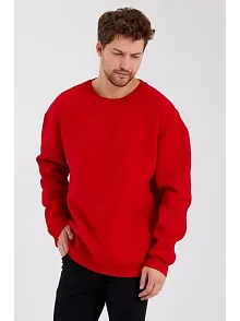 Erkek Düz Renk Bisiklet Yaka Sweat - Kırmızı