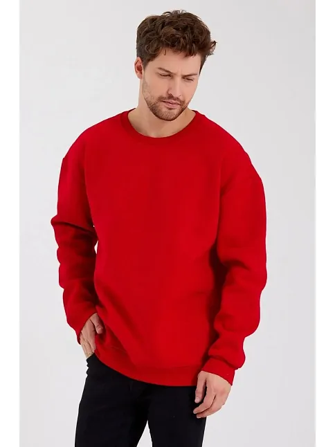 Erkek Düz Renk Bisiklet Yaka Sweat - Kırmızı