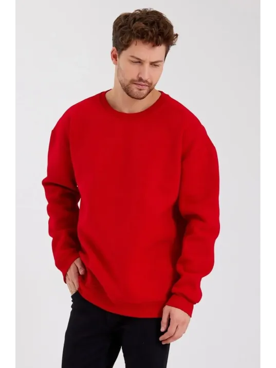Erkek Düz Renk Bisiklet Yaka Sweat - Kırmızı Erkek Düz Renk Bisiklet Yaka Sweat - Kırmızı