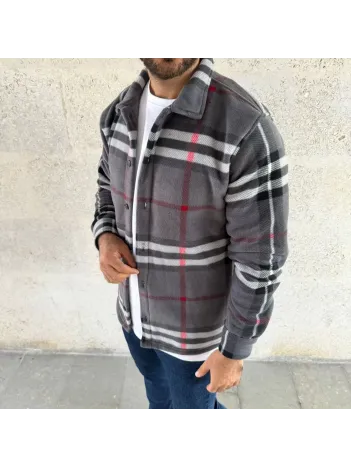 Erkek Ekose Desenli Düğmeli Polar Yakalı Uzun Kollu Gömlek Oversize Rahat Kalıp - Füme Erkek Ekose Desenli Düğmeli Polar Yakalı Uzun Kollu Gömlek Oversize Rahat Kalıp - Füme