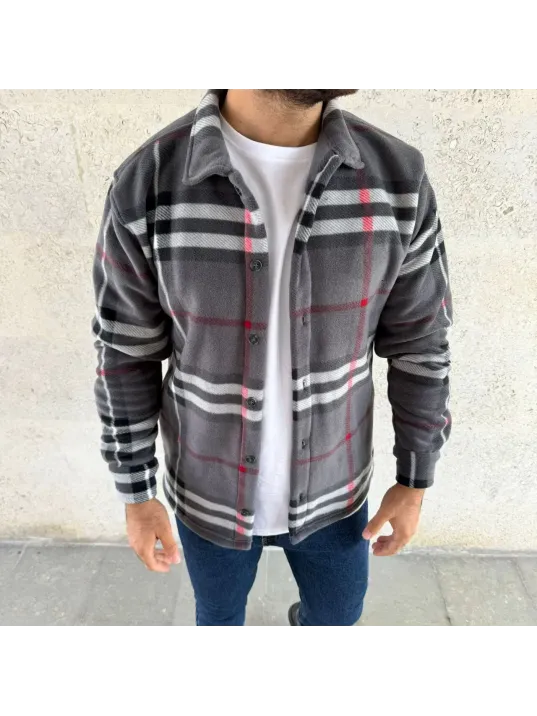 Erkek Ekose Desenli Düğmeli Polar Yakalı Uzun Kollu Gömlek Oversize Rahat Kalıp - Füme Erkek Ekose Desenli Düğmeli Polar Yakalı Uzun Kollu Gömlek Oversize Rahat Kalıp - Füme