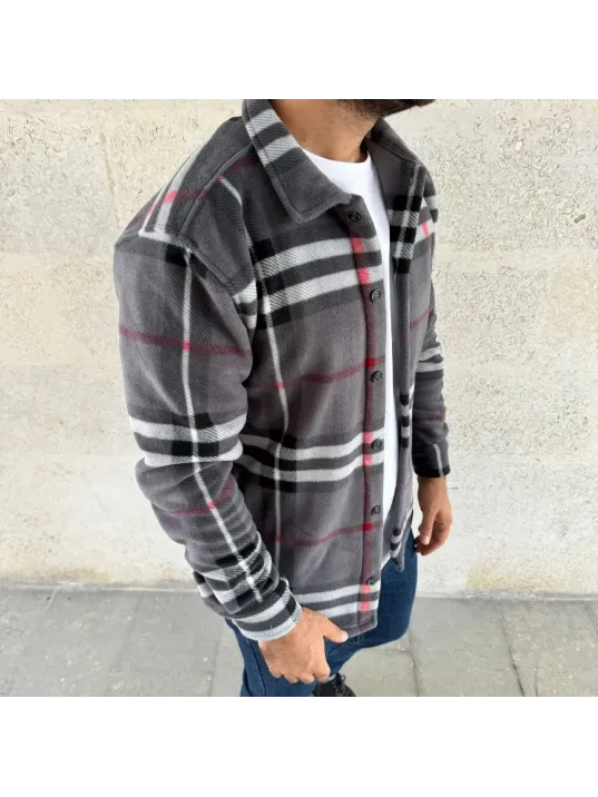 Erkek Ekose Desenli Düğmeli Polar Yakalı Uzun Kollu Gömlek Oversize Rahat Kalıp - Füme Erkek Ekose Desenli Düğmeli Polar Yakalı Uzun Kollu Gömlek Oversize Rahat Kalıp - Füme