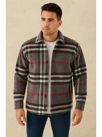 Erkek Ekose Desenli Düğmeli Polar Yakalı Uzun Kollu Gömlek Oversize Rahat Kalıp - Füme Erkek Ekose Desenli Düğmeli Polar Yakalı Uzun Kollu Gömlek Oversize Rahat Kalıp - Füme