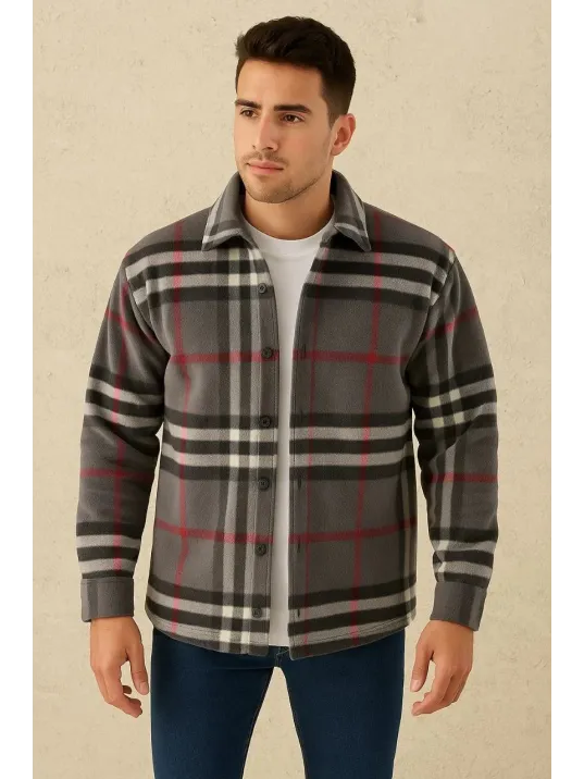 Erkek Ekose Desenli Düğmeli Polar Yakalı Uzun Kollu Gömlek Oversize Rahat Kalıp - Füme Erkek Ekose Desenli Düğmeli Polar Yakalı Uzun Kollu Gömlek Oversize Rahat Kalıp - Füme