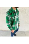 Erkek Ekose Desenli Düğmeli Polar Yakalı Uzun Kollu Gömlek Oversize Rahat Kalıp - Yeşil