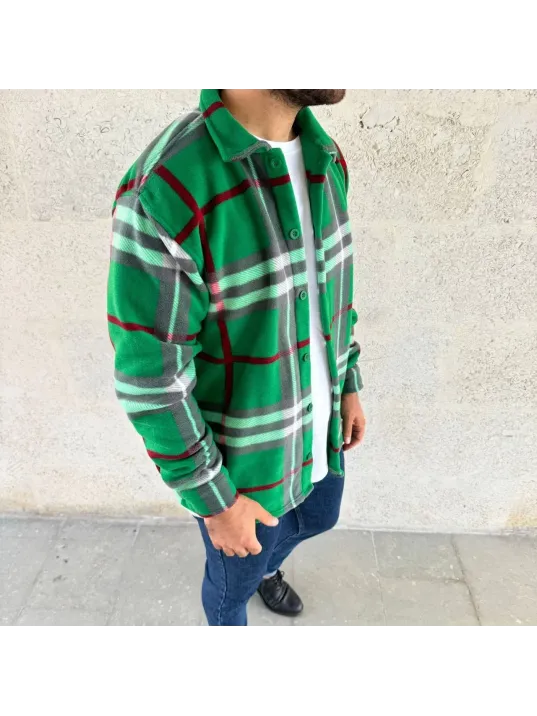 Erkek Ekose Desenli Düğmeli Polar Yakalı Uzun Kollu Gömlek Oversize Rahat Kalıp - Yeşil Erkek Ekose Desenli Düğmeli Polar Yakalı Uzun Kollu Gömlek Oversize Rahat Kalıp - Yeşil