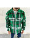 Erkek Ekose Desenli Düğmeli Polar Yakalı Uzun Kollu Gömlek Oversize Rahat Kalıp - Yeşil