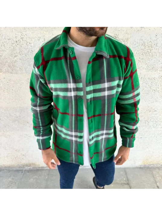 Erkek Ekose Desenli Düğmeli Polar Yakalı Uzun Kollu Gömlek Oversize Rahat Kalıp - Yeşil Erkek Ekose Desenli Düğmeli Polar Yakalı Uzun Kollu Gömlek Oversize Rahat Kalıp - Yeşil
