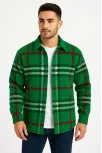 Erkek Ekose Desenli Düğmeli Polar Yakalı Uzun Kollu Gömlek Oversize Rahat Kalıp - Yeşil