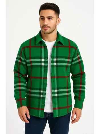 Erkek Ekose Desenli Düğmeli Polar Yakalı Uzun Kollu Gömlek Oversize Rahat Kalıp - Yeşil Erkek Ekose Desenli Düğmeli Polar Yakalı Uzun Kollu Gömlek Oversize Rahat Kalıp - Yeşil