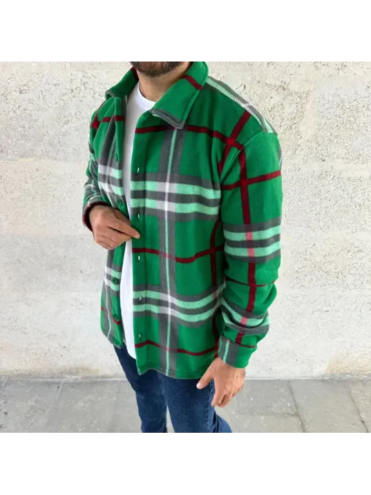 Erkek Ekose Desenli Düğmeli Polar Yakalı Uzun Kollu Gömlek Oversize Rahat Kalıp - Yeşil Erkek Ekose Desenli Düğmeli Polar Yakalı Uzun Kollu Gömlek Oversize Rahat Kalıp - Yeşil