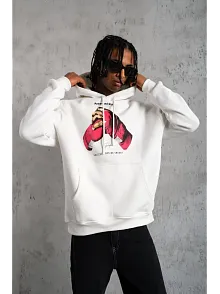 Erkek Eldiven Baskılı Kapüşonlu Sweat - Beyaz