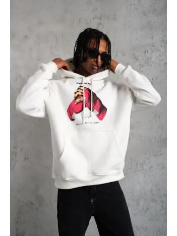 Erkek Eldiven Baskılı Kapüşonlu Sweat - Beyaz