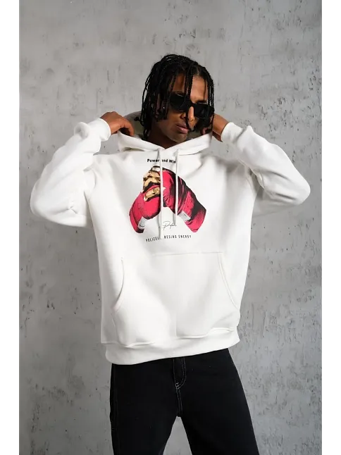Erkek Eldiven Baskılı Kapüşonlu Sweat - Beyaz
