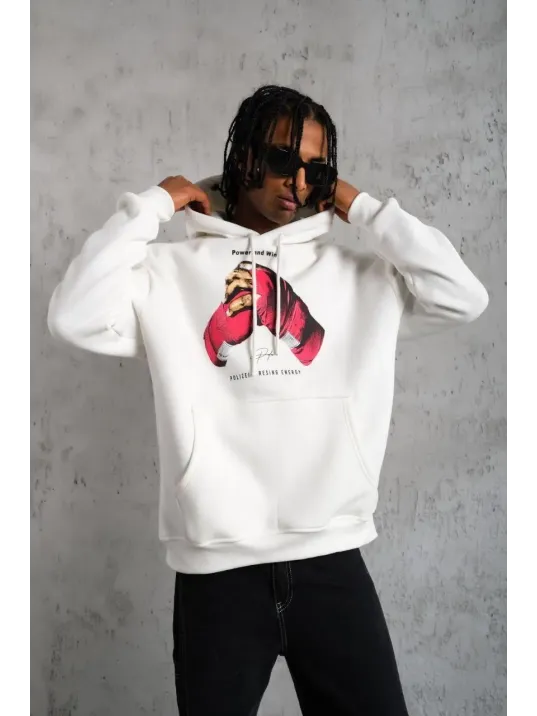 Erkek Eldiven Baskılı Kapüşonlu Sweat - Beyaz