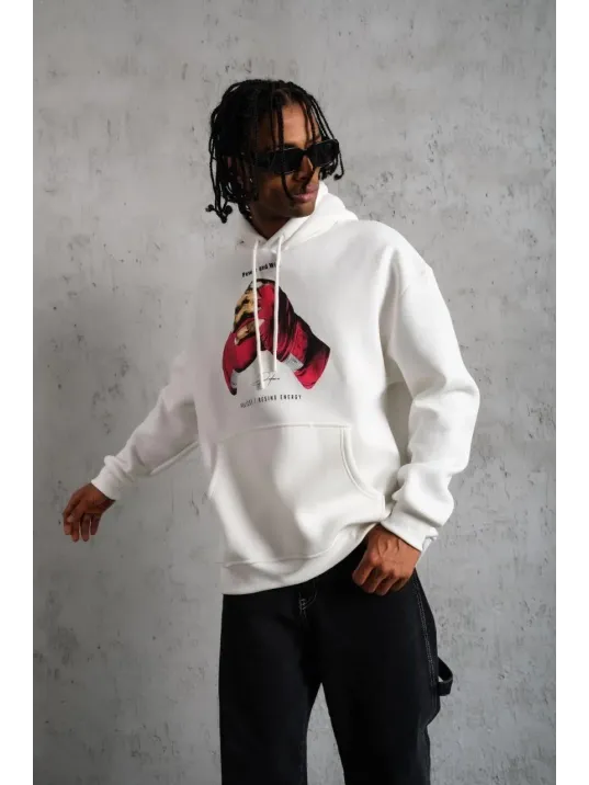 Erkek Eldiven Baskılı Kapüşonlu Sweat - Beyaz