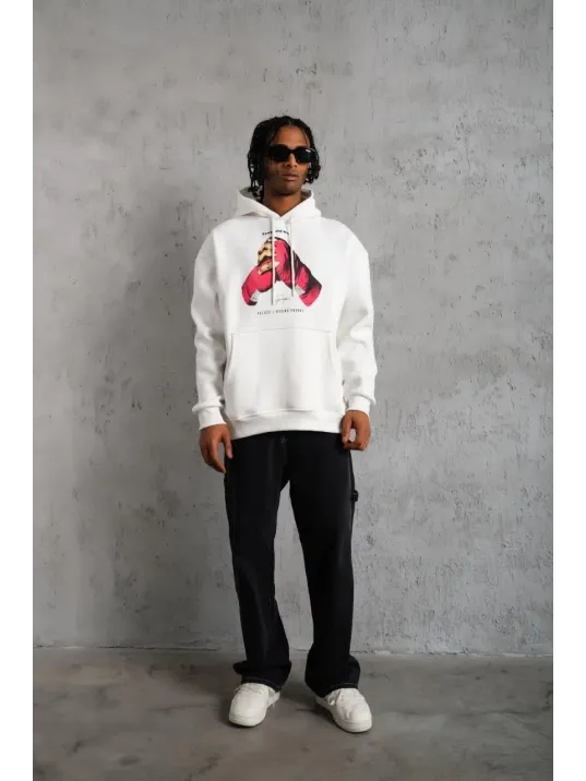 Erkek Eldiven Baskılı Kapüşonlu Sweat - Beyaz