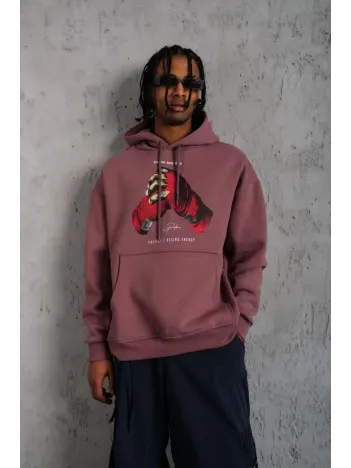 Erkek Eldiven Baskılı Kapüşonlu Sweat - Gül Kurusu