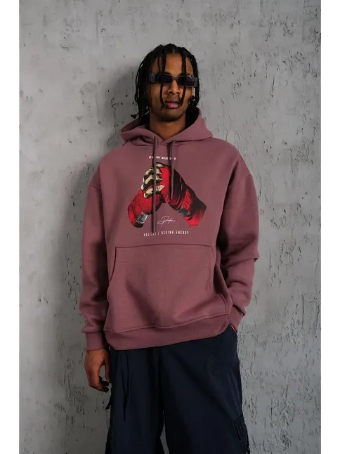Erkek Eldiven Baskılı Kapüşonlu Sweat - Gül Kurusu