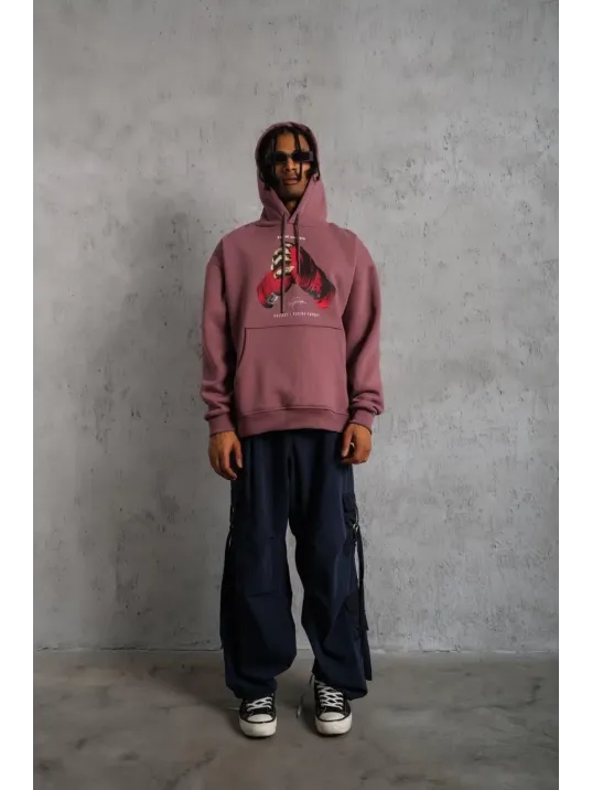 Erkek Eldiven Baskılı Kapüşonlu Sweat - Gül Kurusu