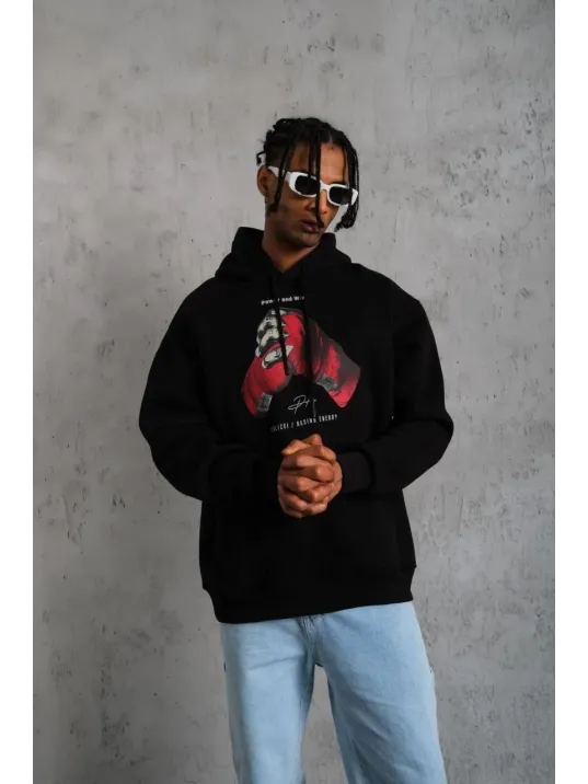 Erkek Eldiven Baskılı Kapüşonlu Sweat - Siyah Erkek Eldiven Baskılı Kapüşonlu Sweat - Siyah