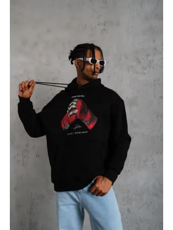 Erkek Eldiven Baskılı Kapüşonlu Sweat - Siyah Erkek Eldiven Baskılı Kapüşonlu Sweat - Siyah