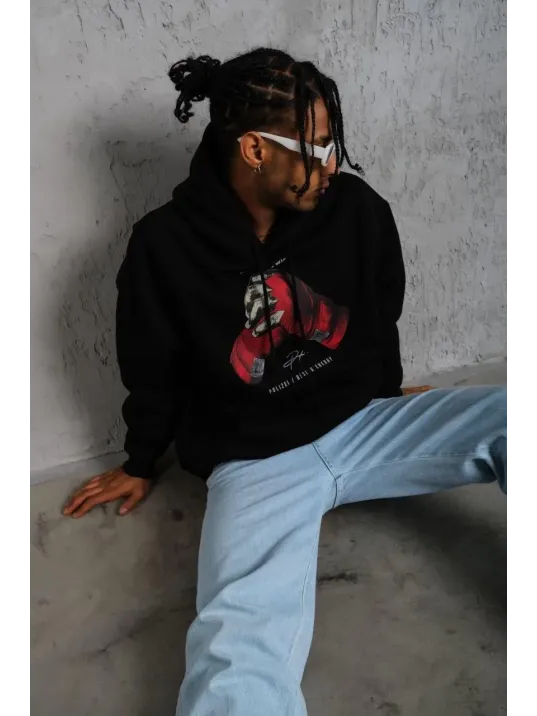 Erkek Eldiven Baskılı Kapüşonlu Sweat - Siyah Erkek Eldiven Baskılı Kapüşonlu Sweat - Siyah