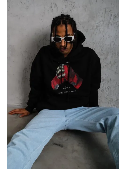 Erkek Eldiven Baskılı Kapüşonlu Sweat - Siyah Erkek Eldiven Baskılı Kapüşonlu Sweat - Siyah