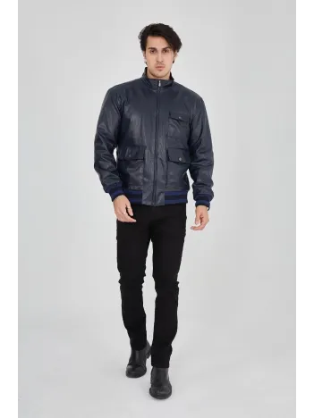 Erkek Fermuarlı İçten Elyaf Ve Astarlı Suni Deri Ceket - Lacivert