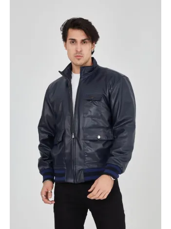 Erkek Fermuarlı İçten Elyaf Ve Astarlı Suni Deri Ceket - Lacivert Erkek Fermuarlı İçten Elyaf Ve Astarlı Suni Deri Ceket - Lacivert