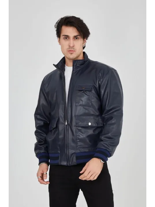 Erkek Fermuarlı İçten Elyaf Ve Astarlı Suni Deri Ceket - Lacivert Erkek Fermuarlı İçten Elyaf Ve Astarlı Suni Deri Ceket - Lacivert