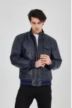 Erkek Fermuarlı İçten Elyaf Ve Astarlı Suni Deri Ceket - Lacivert Erkek Fermuarlı İçten Elyaf Ve Astarlı Suni Deri Ceket - Lacivert