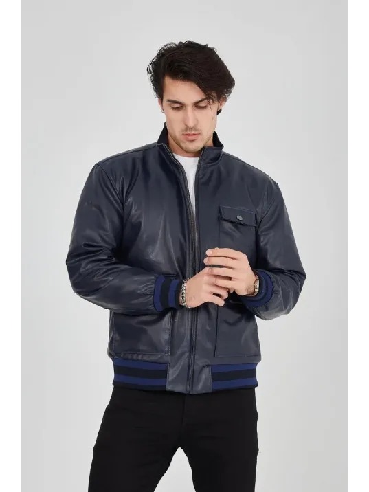 Erkek Fermuarlı İçten Elyaf Ve Astarlı Suni Deri Ceket - Lacivert Erkek Fermuarlı İçten Elyaf Ve Astarlı Suni Deri Ceket - Lacivert