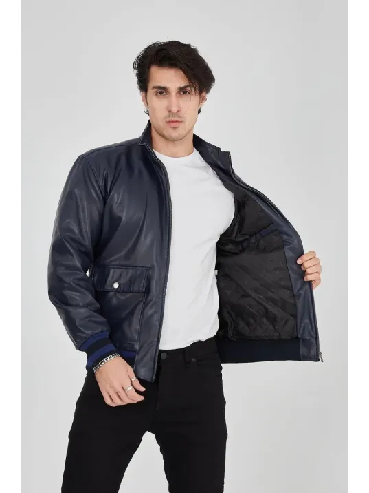 Erkek Fermuarlı İçten Elyaf Ve Astarlı Suni Deri Ceket - Lacivert Erkek Fermuarlı İçten Elyaf Ve Astarlı Suni Deri Ceket - Lacivert