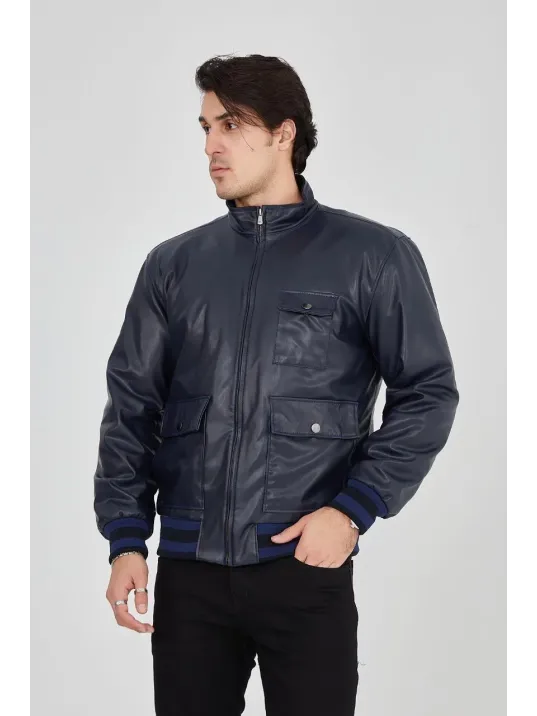 Erkek Fermuarlı İçten Elyaf Ve Astarlı Suni Deri Ceket - Lacivert Erkek Fermuarlı İçten Elyaf Ve Astarlı Suni Deri Ceket - Lacivert