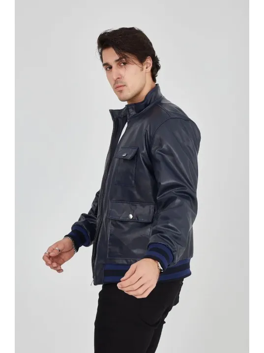Erkek Fermuarlı İçten Elyaf Ve Astarlı Suni Deri Ceket - Lacivert Erkek Fermuarlı İçten Elyaf Ve Astarlı Suni Deri Ceket - Lacivert