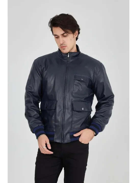 Erkek Fermuarlı İçten Elyaf Ve Astarlı Suni Deri Ceket - Lacivert Erkek Fermuarlı İçten Elyaf Ve Astarlı Suni Deri Ceket - Lacivert